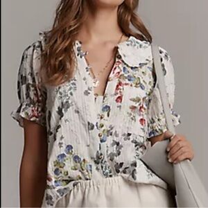 Anthropologie Pilcro Keira Button Down Short Sleeve Floral Blouse Size S